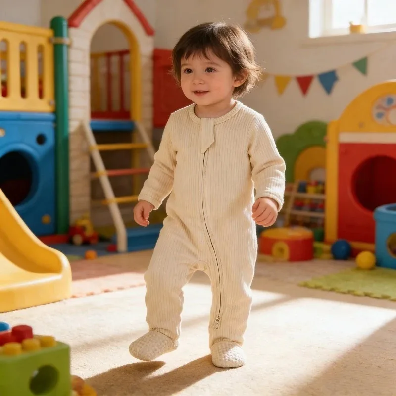 

Детский комбинезон из органического хлопка с вязаным узором в рубчик, с шапочкой и накладками на ножки