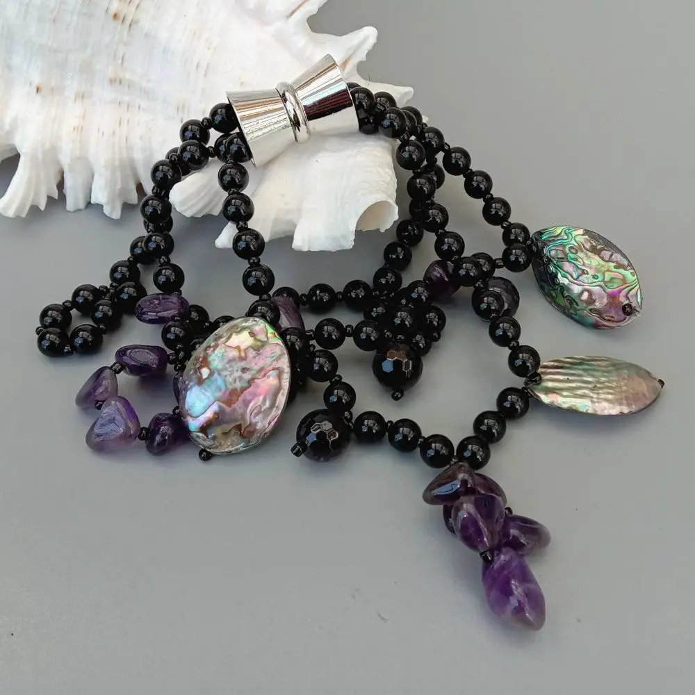 Y.YING 3 Rows Black Onyx Amethyst Abalone Shell Beads Bracelet