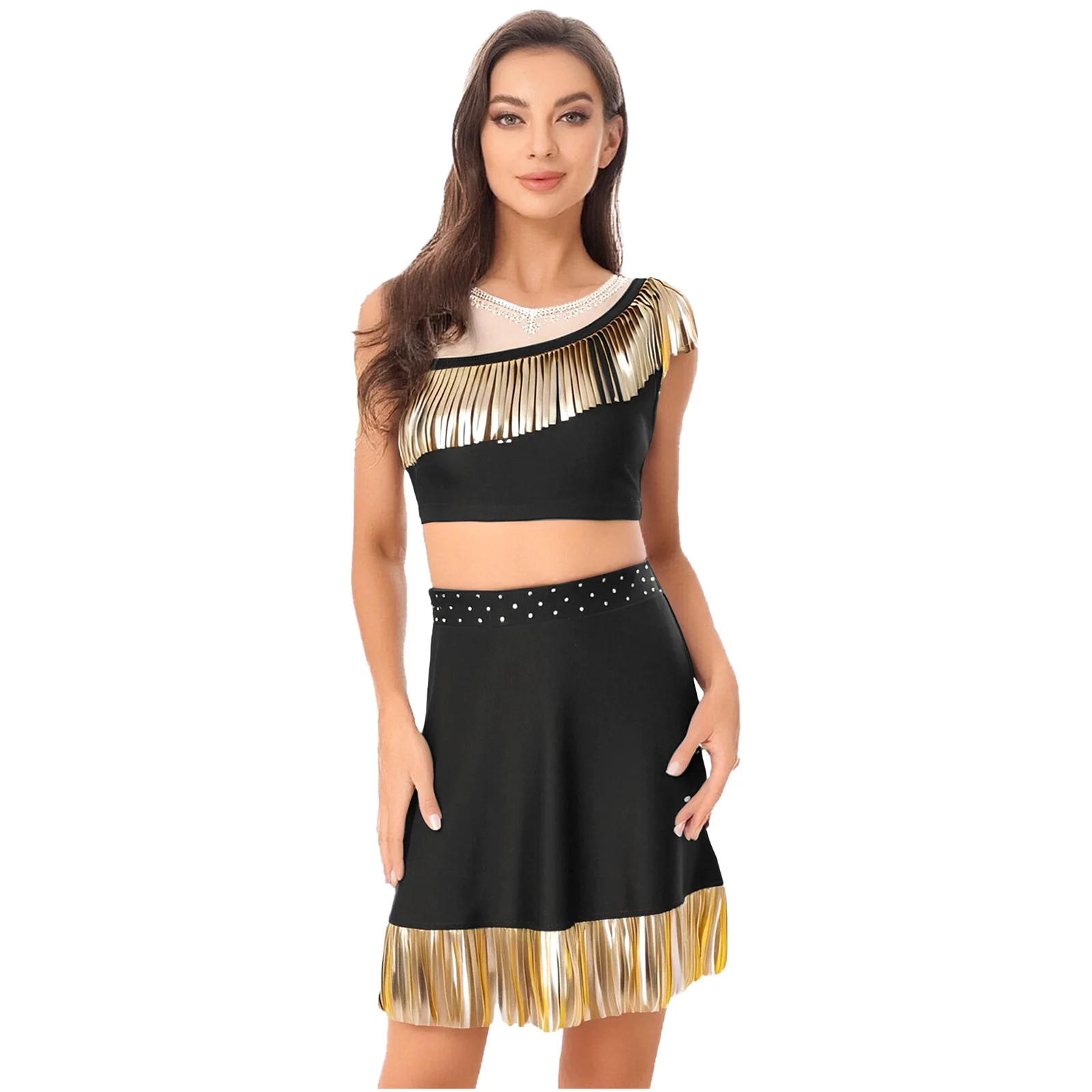

Women Halloween Native American Outfits Glittery Metallic Tassel Sleeveless Tank Top And Miniskirt Set for Cosplay Party