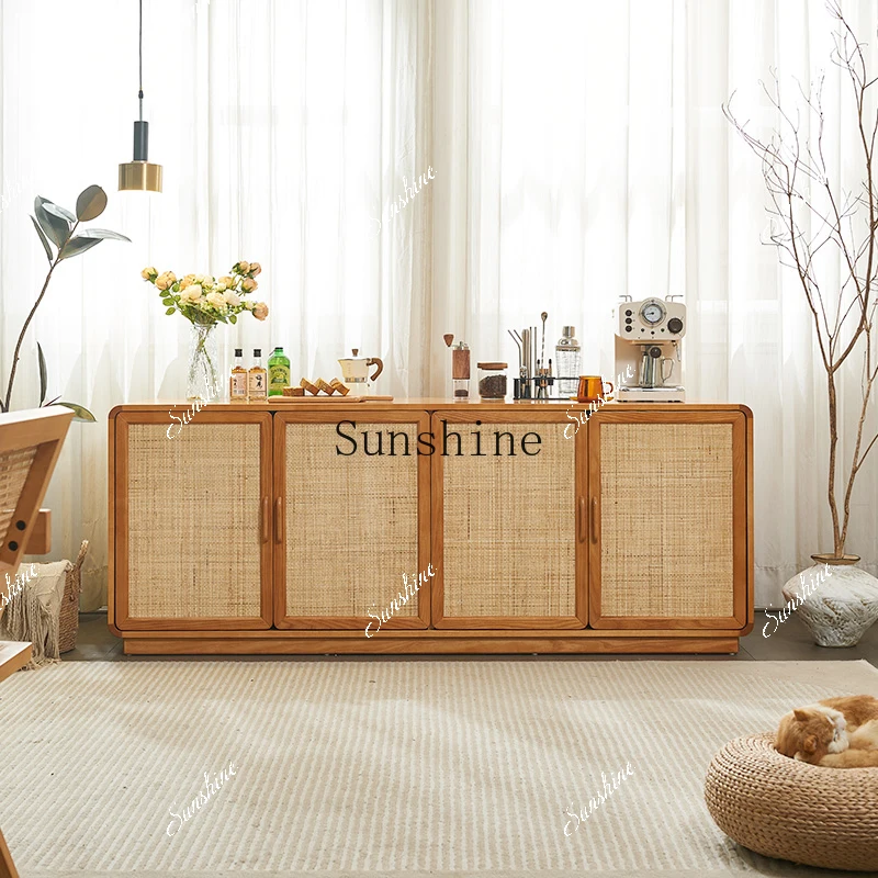 Solid wood rattan, surprised by the quiet wind, retro living room, dining side storage, Japanese-style entrance cabinet FT