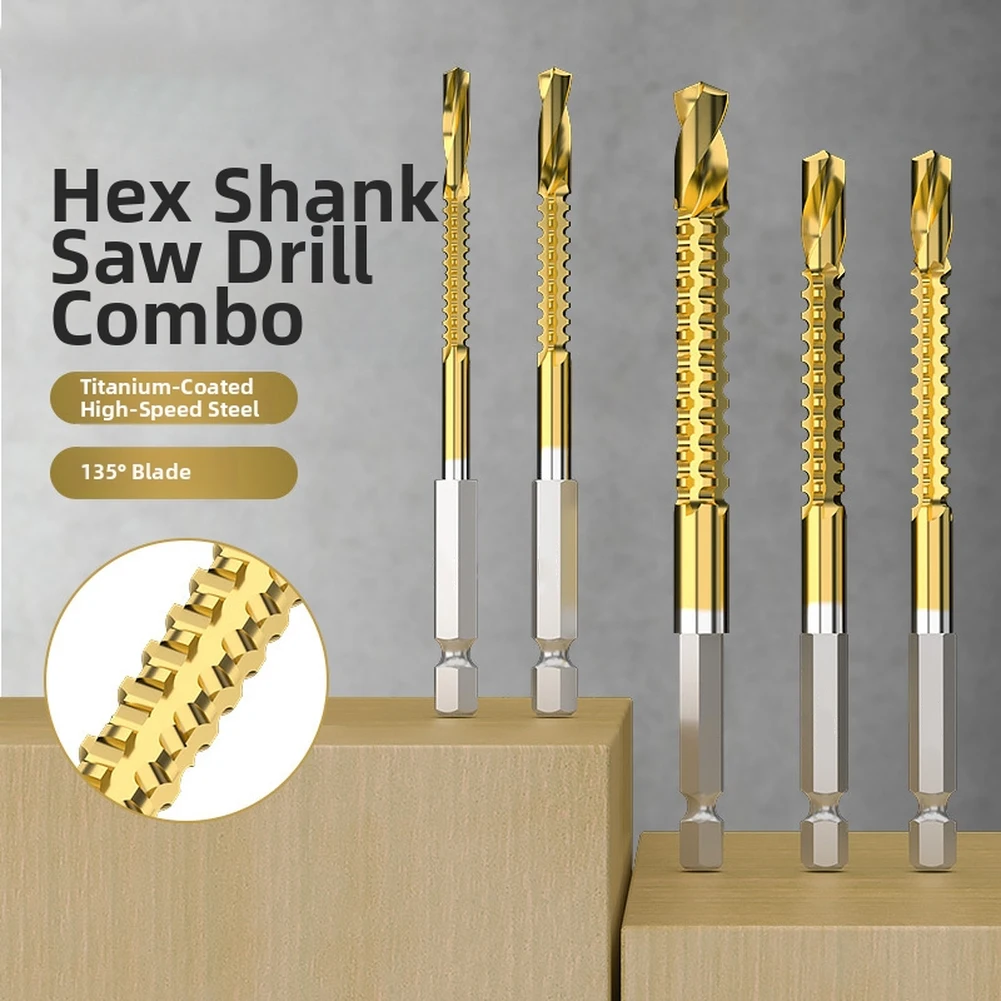 6 Pack Titanium-Coated HSS Drill Bit Set With Hex Shank 135-Degree Split Point For Metal Plastic Compatible With Impact- Drills