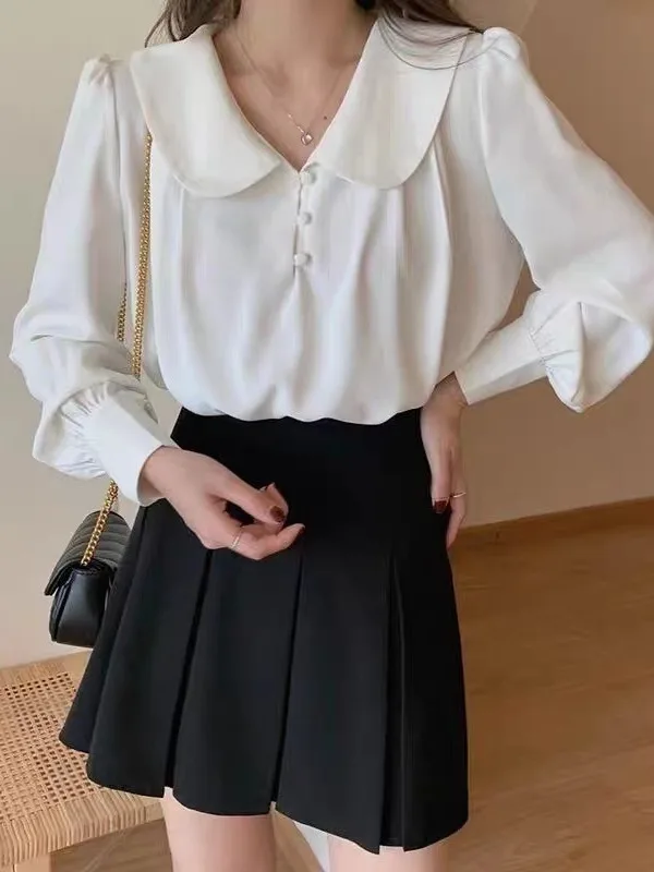 

French Style Long Sleeve Women's Shirt Spring 2026 New Design Doll Collar Bubble Sleeve Lace Top Loose Fit Pure Color