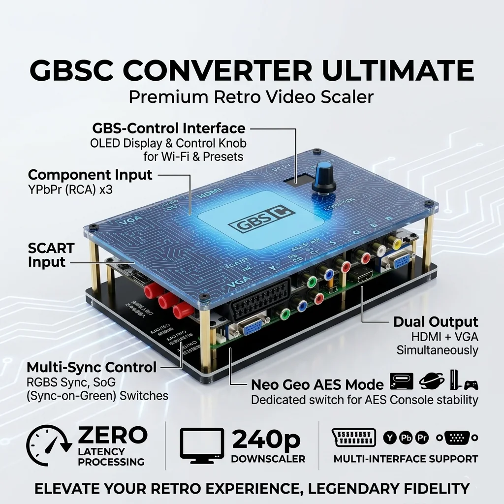 

GBSC Converter Ultimate Retro Video Upscaler 240p Low Res Downscaler | SCART RGBS Component VGA to HDMI Zero Latency PS2 Xbox