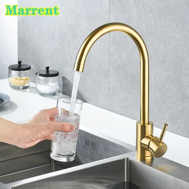 

Hot and Cold Water Mixer Kitchen Faucet, SUS304 Stainless Steel Single Handle Sink Tap Brushed Cold Kitchen Sink Mixer