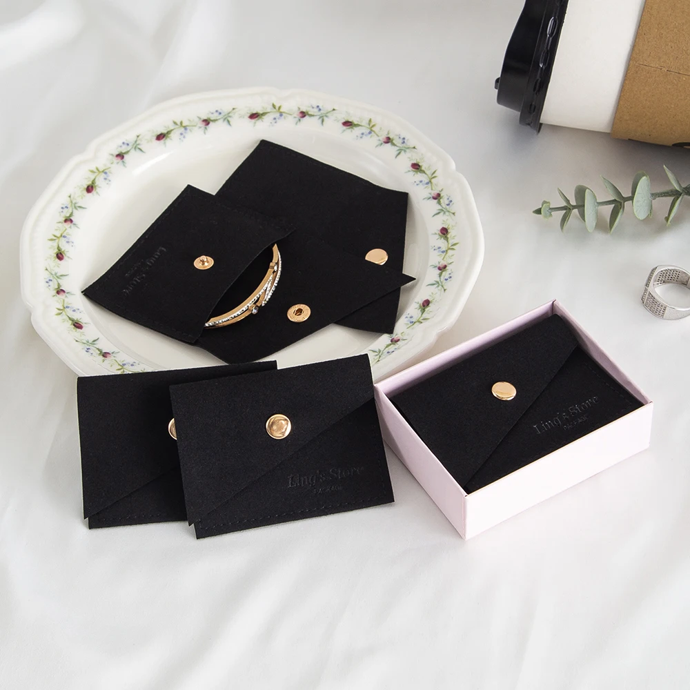 50pcs Custom Logo Elegant Black Bevel Jewelry Microfiber Snap Bag Perfume Oil Scarf Key Keychain Coins Organizer Pouch Purse Box view 2