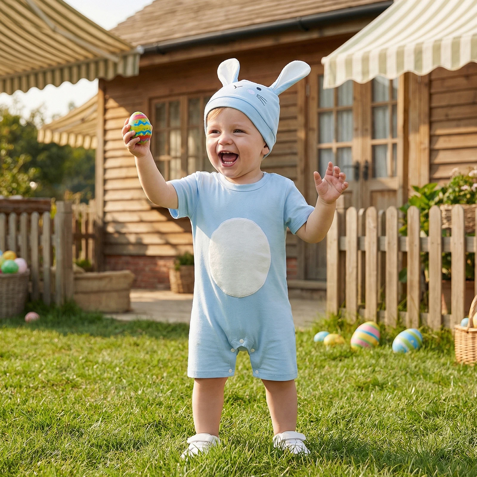 

Baby Easter Outfits Plush Ball Design Crew Neck Short Sleeve Romper and Bunny Ear Hat 2 Pcs Set