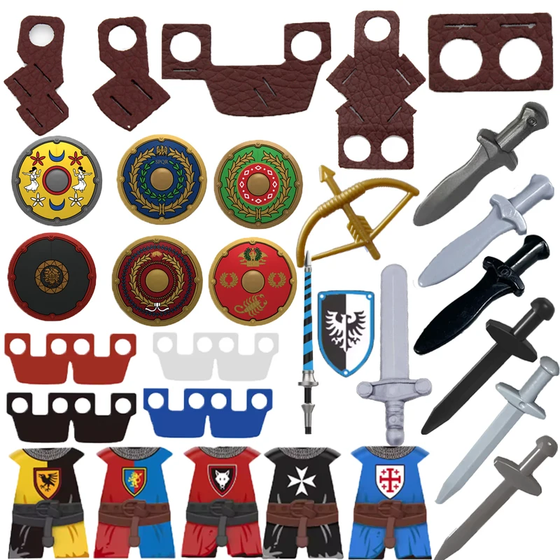 

Средневековые строительные блоки, аксессуары для персонажей солдата, накидки, щиты, шлемы, копья, арбаты, доспехи, кирпичи, подставки для ножей, подарочная игрушка