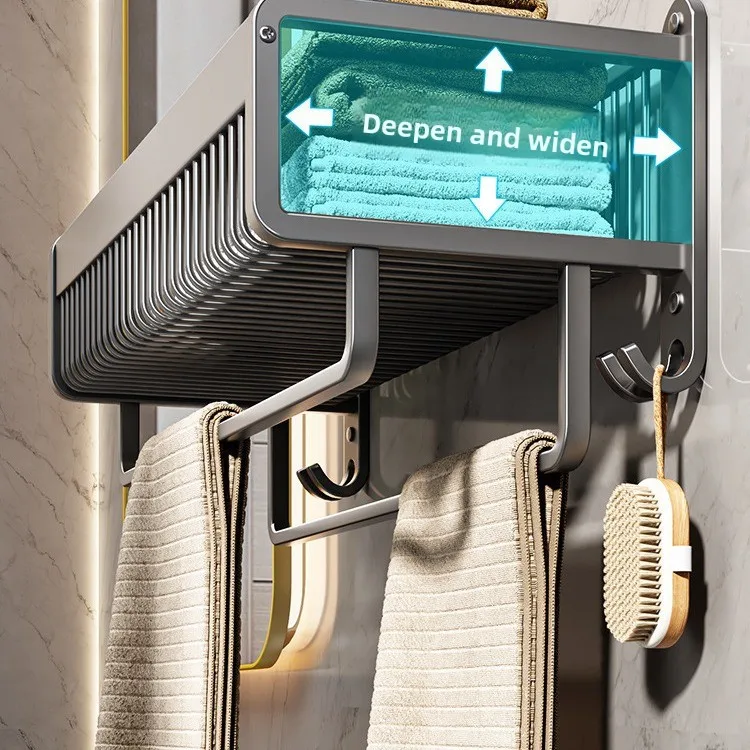 

Modern steel wall-mounted bathroom rack with integrated toilet storage and clothes/bath towels corner mounted in the hotel