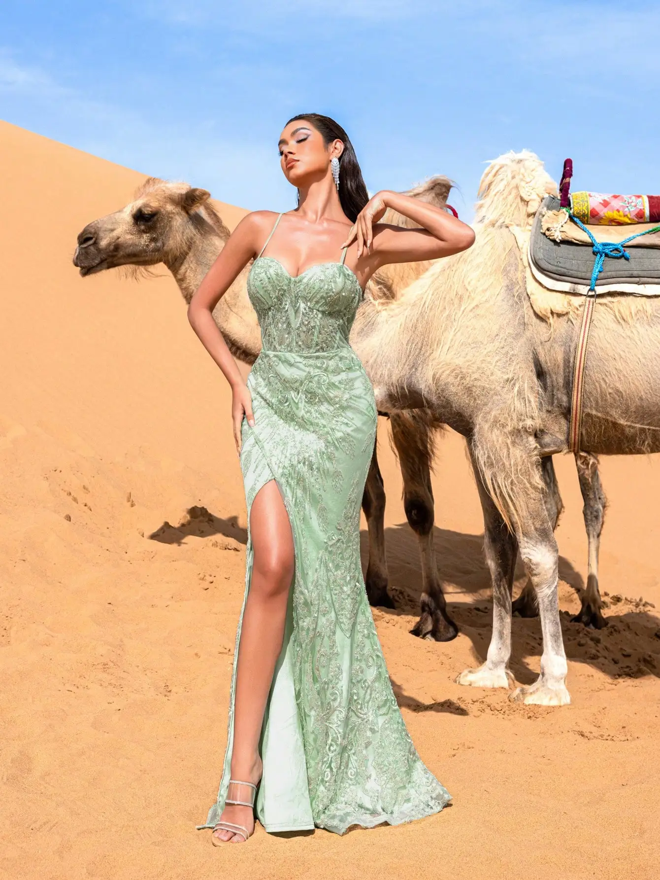 هوت بريق أنيق الدانتيل متابعة الظهر مطرز زلة مطرز فساتين رسمية وفساتين السهرة