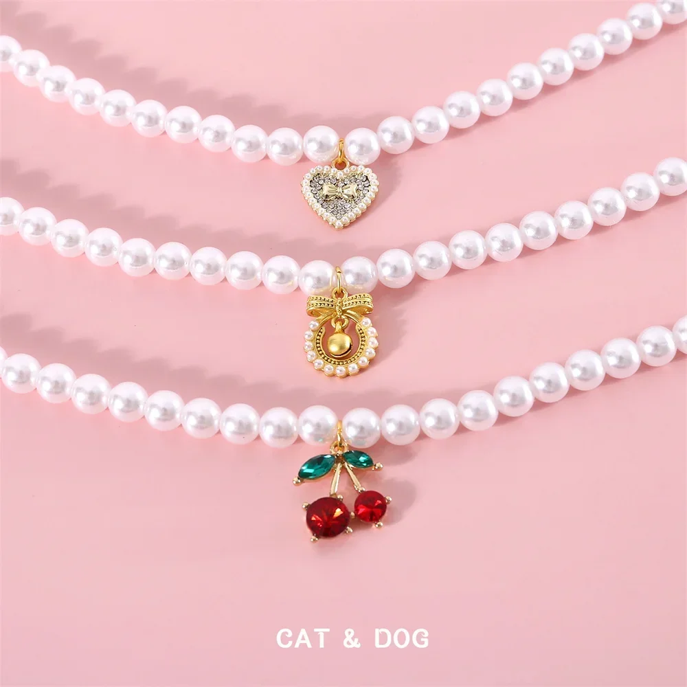 Fashion Pet Princess Wind Pearl Cherry Love Bow Pendant Necklace Cat Bichon Dog Birthday INS Wind Collar Dog Accessories