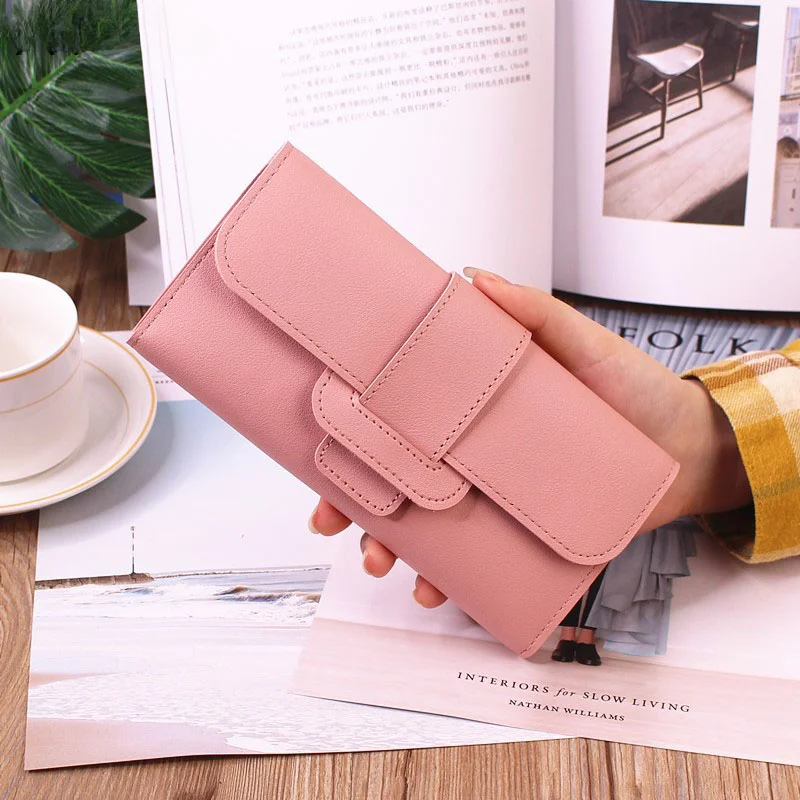 PU Leather Women Wallets Luxury Long Hasp Fold-over Pattern Coin Purses Female Brand Solid Colors New Thin Clutch Phone Bag