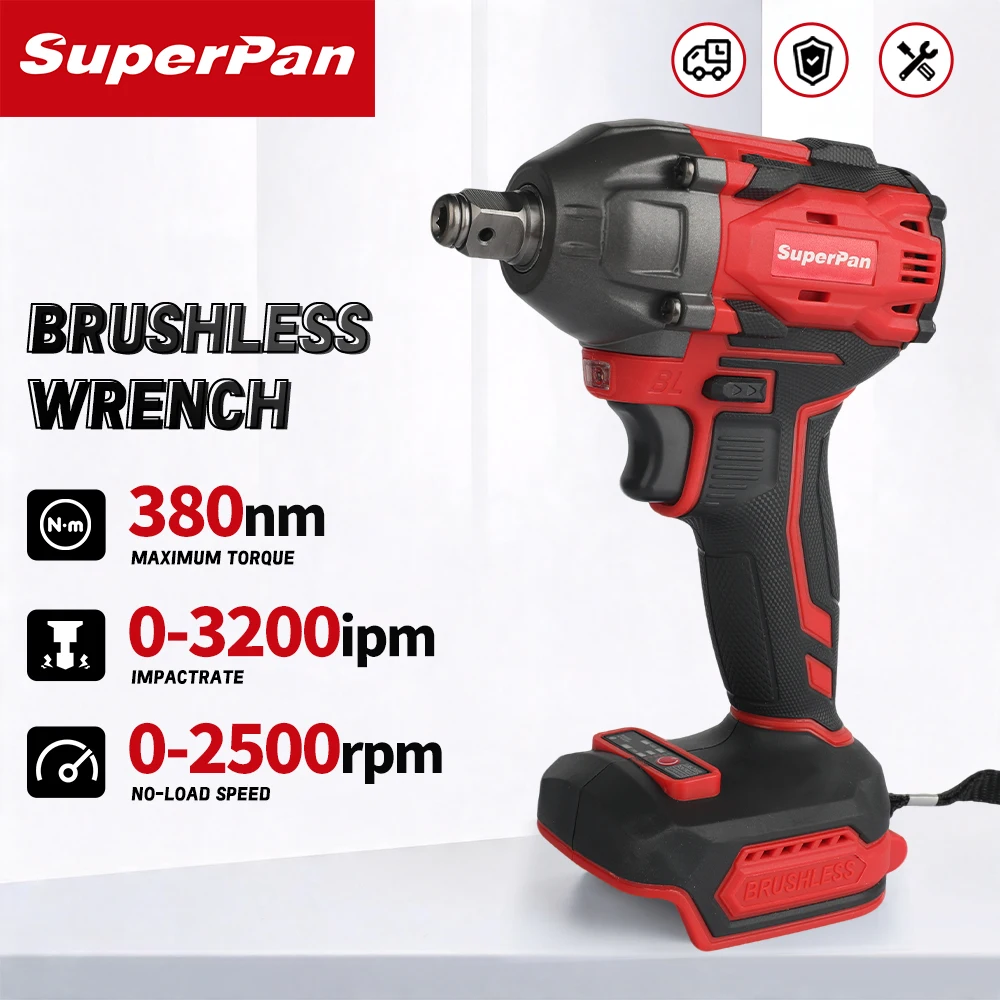 

SuperPan 18V Brushless Impact Wrench 380N·m high torque 1/2" Drive Cordless Power Tool For Dewalt 18v Battery Pins
