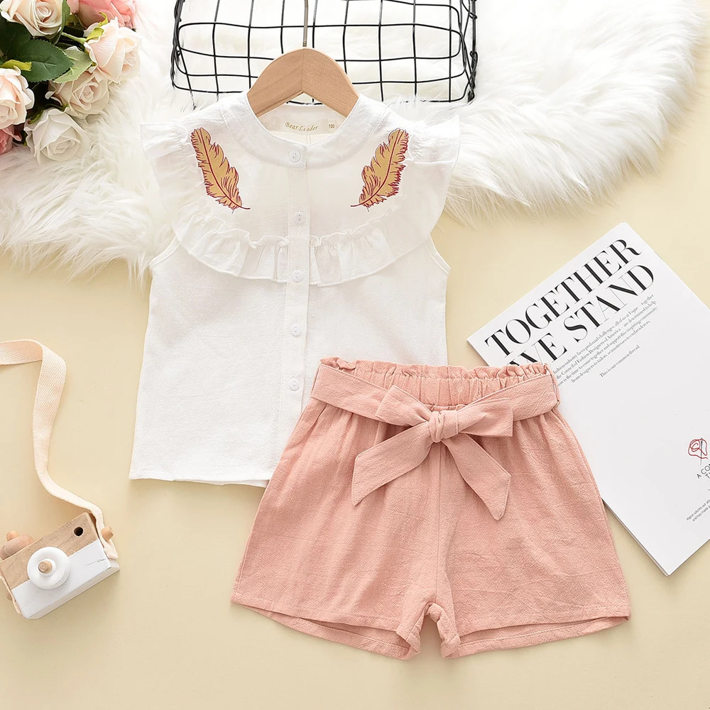 Melario 2023 Summer Kids Baby Girls Set Kids Clothes Sets Feather Tops Bandage Shorts 2pcs Suit Fashion Girls Clothing 2 7 Years