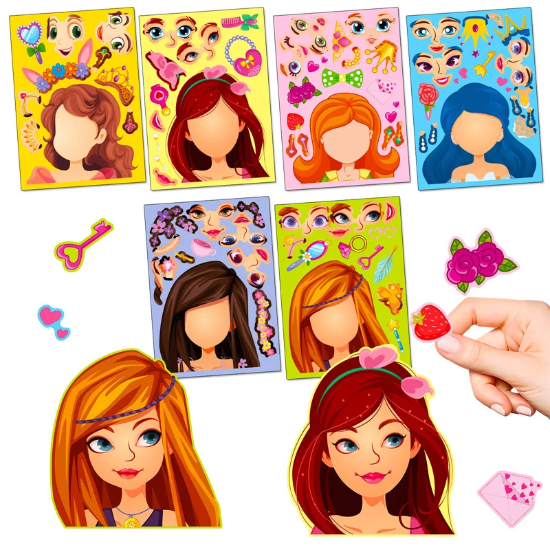 6-24sheets DIY Make Your Own Girls Create-A-Face Stickers Pad for Kids Creative Dress Up Jigsaw Puzzle Sticker Children Game Toy