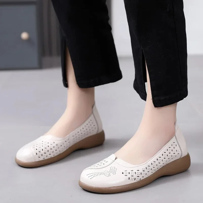 

2025 г., женская дышащая летняя обувь из натуральной кожи, женские лоферы без шнуровки на плоской подошве, мягкие повседневные туфли на плоской подошве с круглым носком