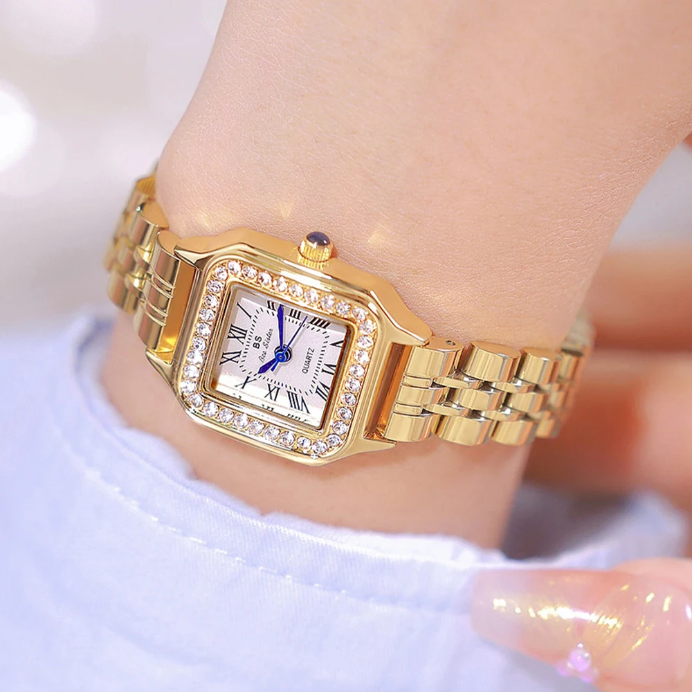 

BS женские наручные часы, роскошные часы-браслет из нержавеющей стали, маленькие квадратные темпераментные элегантные кварцевые женские часы