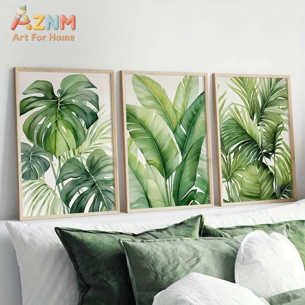 3pcs Frameless Tropical Watercolor Leaf Prints,Plant Wall Art,Banana,Palm Leaf Poster,Living Room Decor,Green Plant Wall Decor