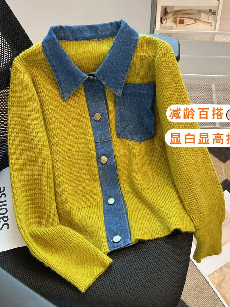 Women Fake Two Pieces Polo Collar Sweater Autumn Winter Solid Colors Design Acrylic Top Korean Style Single Breasted Cardigan