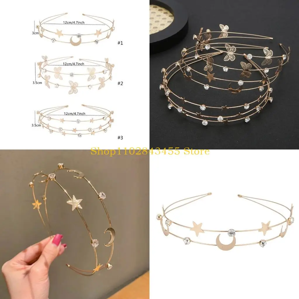 

49MC Rhinestone Hairband with Butterfly Moon Star Decor Thin Side Shinning Multi Layered Headband for Girls Wedding Party