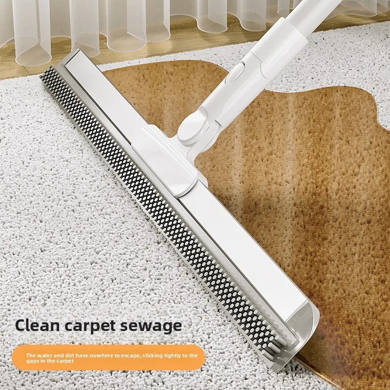 Rubber Broom Carpet Rake with Squeegee Long Handle for Pet Hair Fur Remover Broom for Fluff Carpet Hardwood Floor No Scratch
