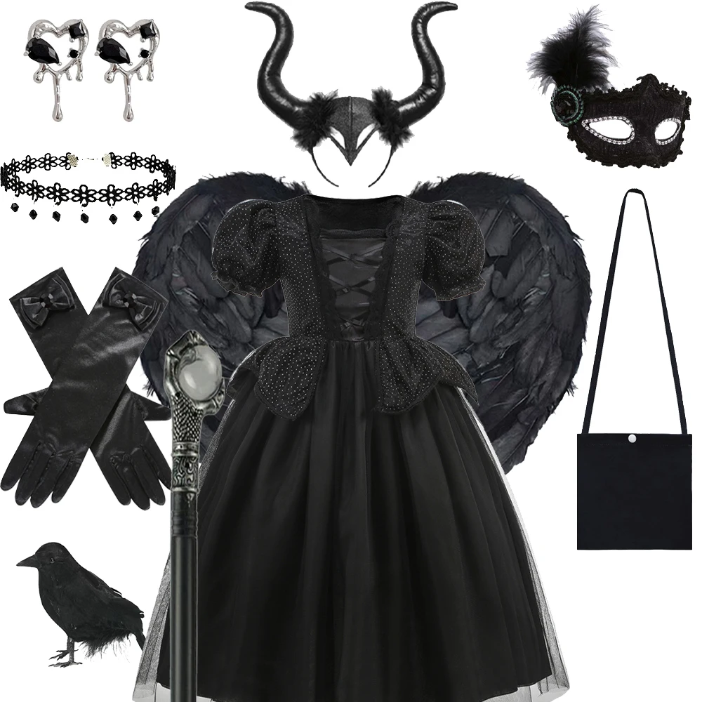 Schwarzes Hexen-Cosplay-Kleid für Mädchen, Kinder-Halloween-Kostüm, Böse-Königin-Verkleidung, Dunkles Thema, Geburtstags-Rollenspiel-Partykleid – Detail 8