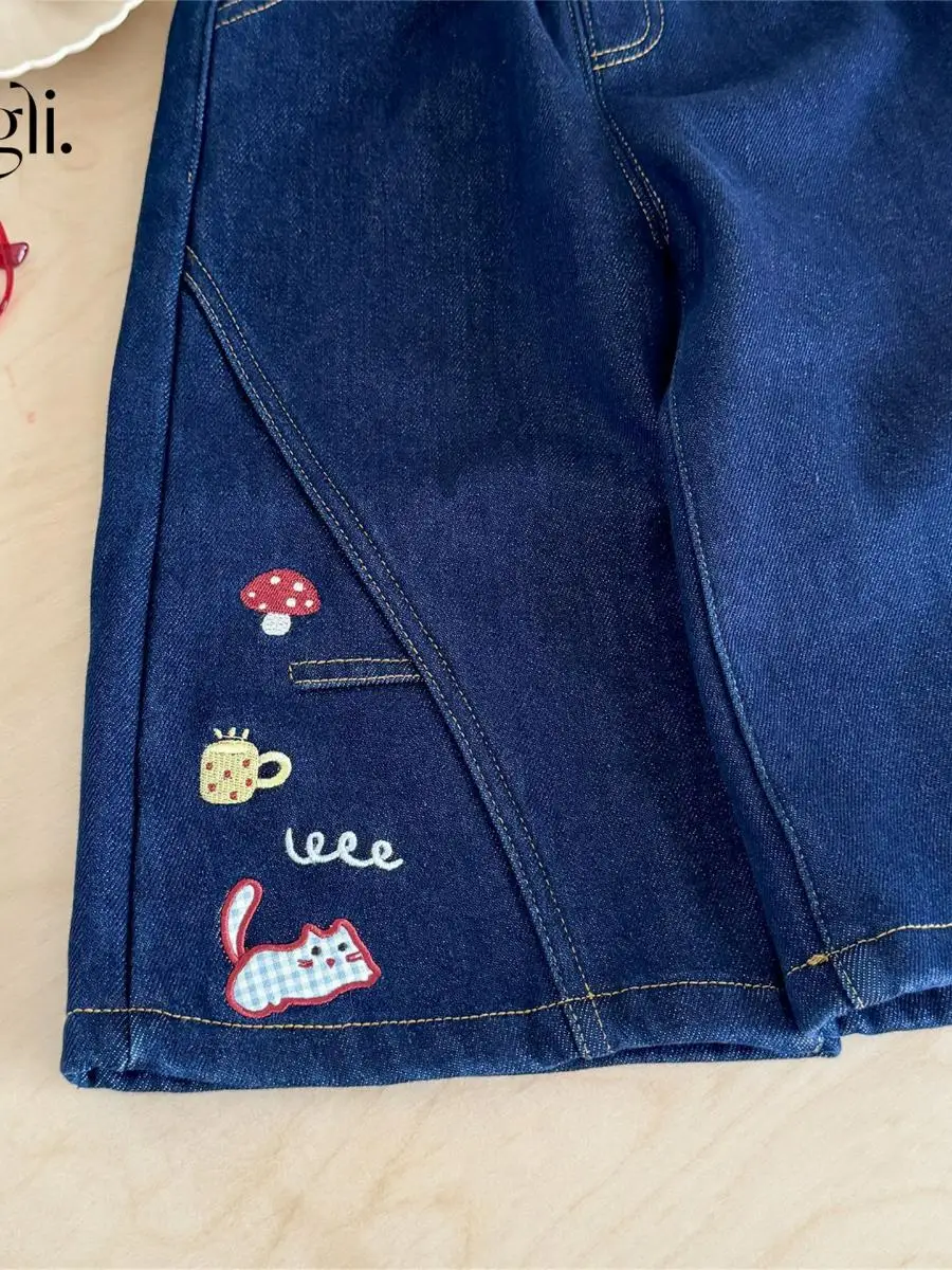 Abbigliamento Invernale per Bambina, Pantaloni in Denim a Gamba Dritta con Ricami, Pantaloni Larghi in Velluto Imbottiti per Autunno e Inverno