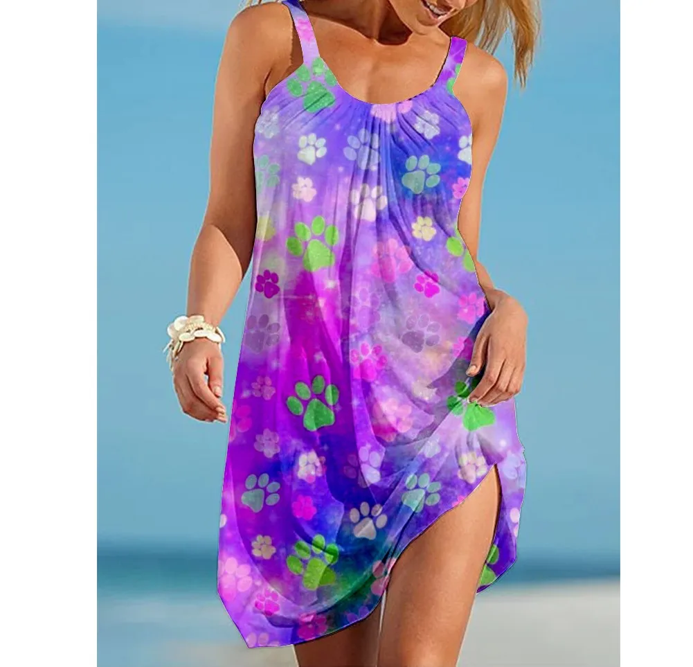 Sommer Hund Pfote Boho Strand Kleid 3D Druck Frauen Mode Ärmellose Kleider Hawaii Casual Vintage Beachwear Mädchen Sling Nacht Kleid