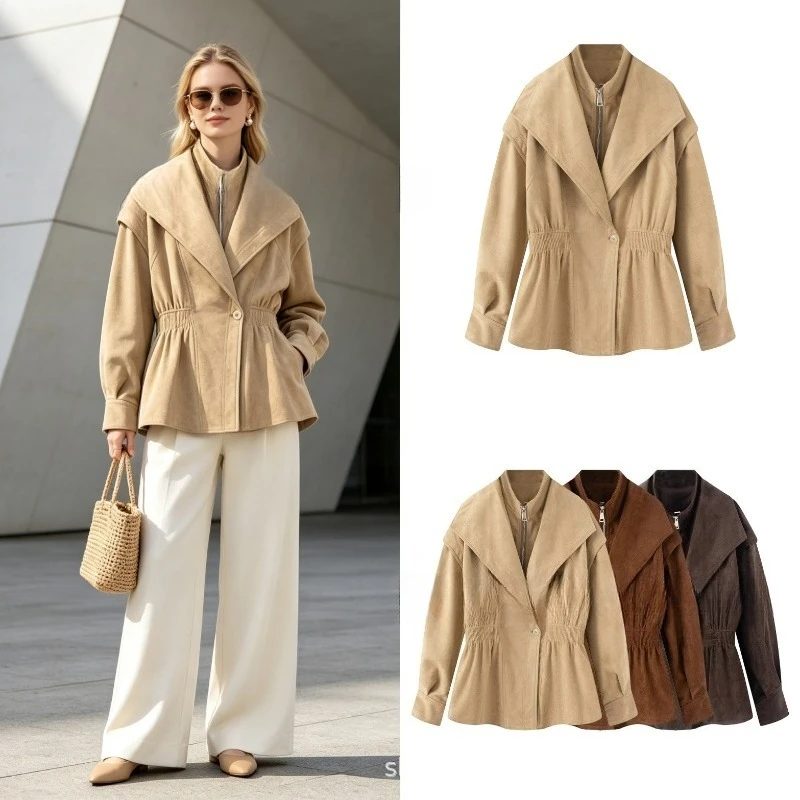 Autumn Winter Cross-border Fashion New Women's Wear: American Retro British Style Suede and Velvet Waist-cinching Slimming Coat.