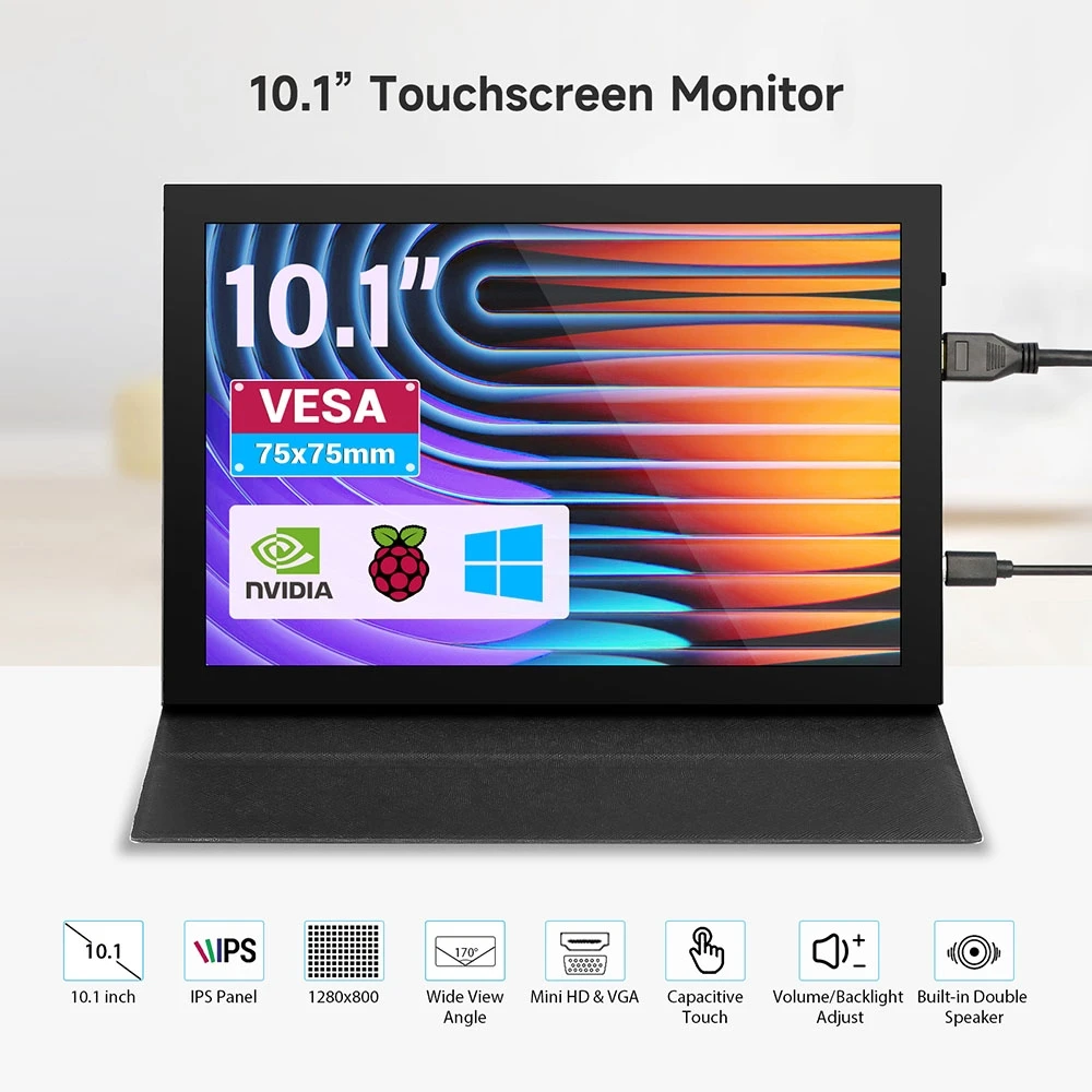 10.1 inch Capacitive Touchscreen Portable Monitor 1280x800 IPS Display with Speaker & Stand For Raspberry Laptop Second Display