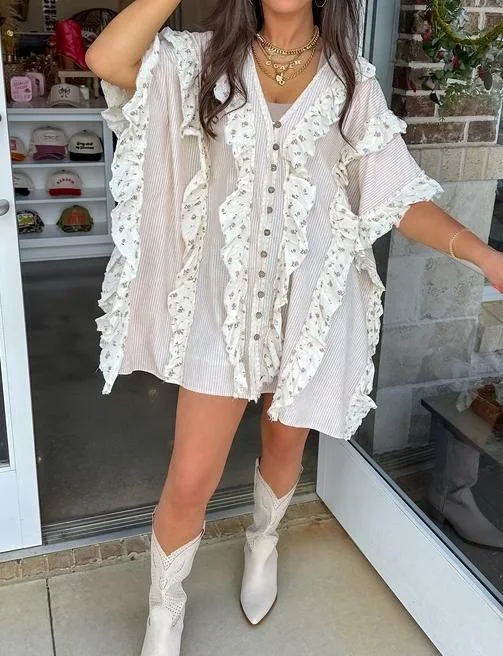 Fashion Shirt Dress For Women Summer Loose V-neck Single Breasted Bat Sleeve Striped Spliced Floral Print Mini Dresses