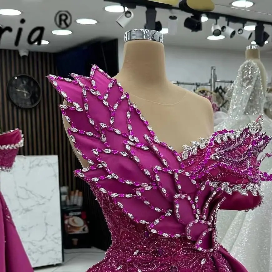 Fuchsia Off Shoulder Mermaid Evening Dress Full Pink Crystal Beaded Formal Gown Dubai Wedding Guest Prom Party Dress For Woman