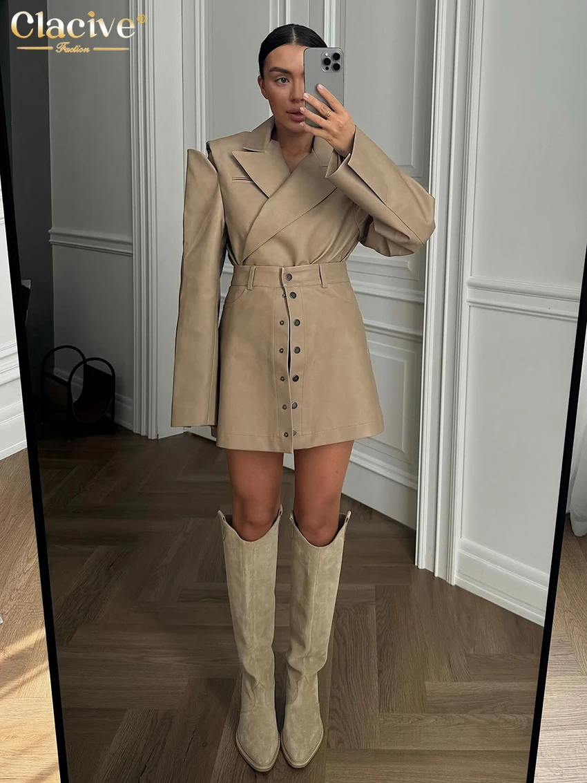 Clacive Fashion Loose Khaki Office Women\'s Two Pieces Set 2025 Elegant Long Sleeve Blazer With High Waist Mini Skirt Set Female