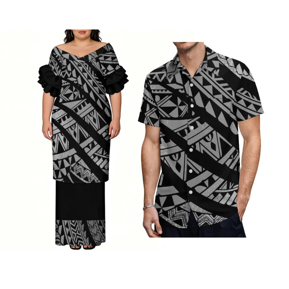 

Polynesian Samoan Women'S Short-Sleeved Dresses And Men'S Aloha Shirts Formal Occasion Party Couple Sets