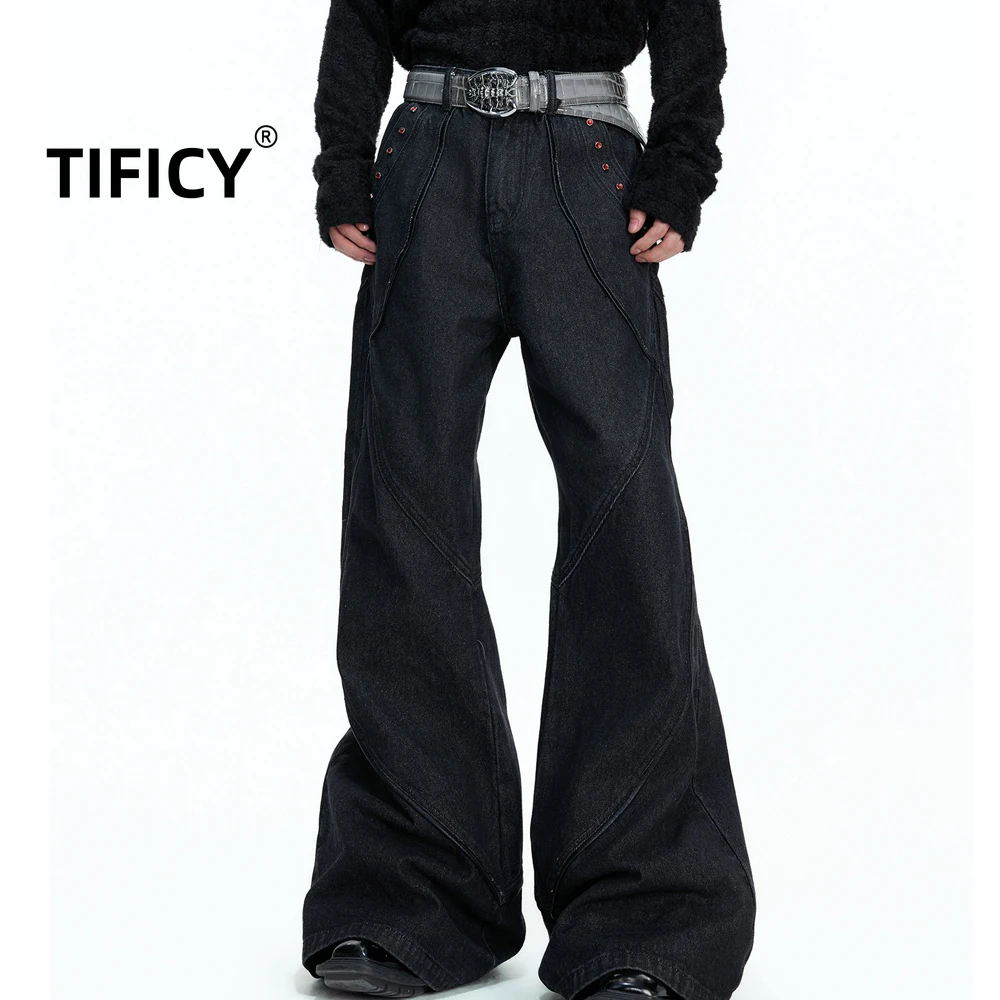 

High Street Denim Pant Men's Heavyweight Retro Red Diamond Washed Structural Heavy-Duty Micro Flare Design Jean Pants