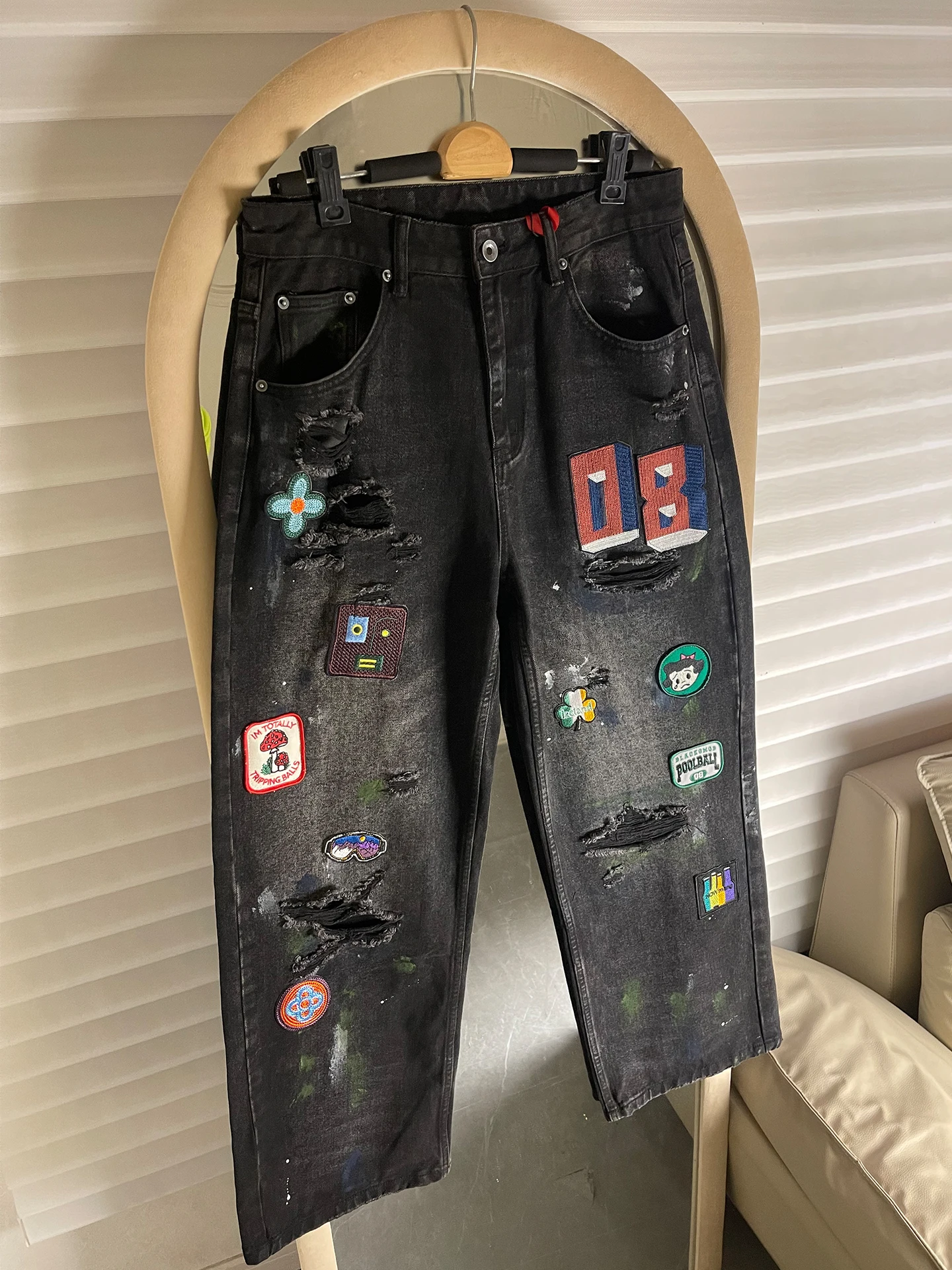 

Parisian Sle Heavy Embroidery Denim Jeans Men Women Trendy American Street Loose Straight Hole Wide Leg Pants Casual Cotton...