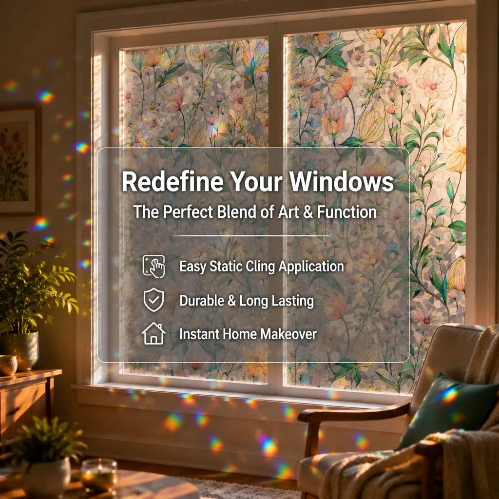 Rainbow Holographic Translucent Privacy Window Film Static Cling Removable Decorative for Bathroom Glass