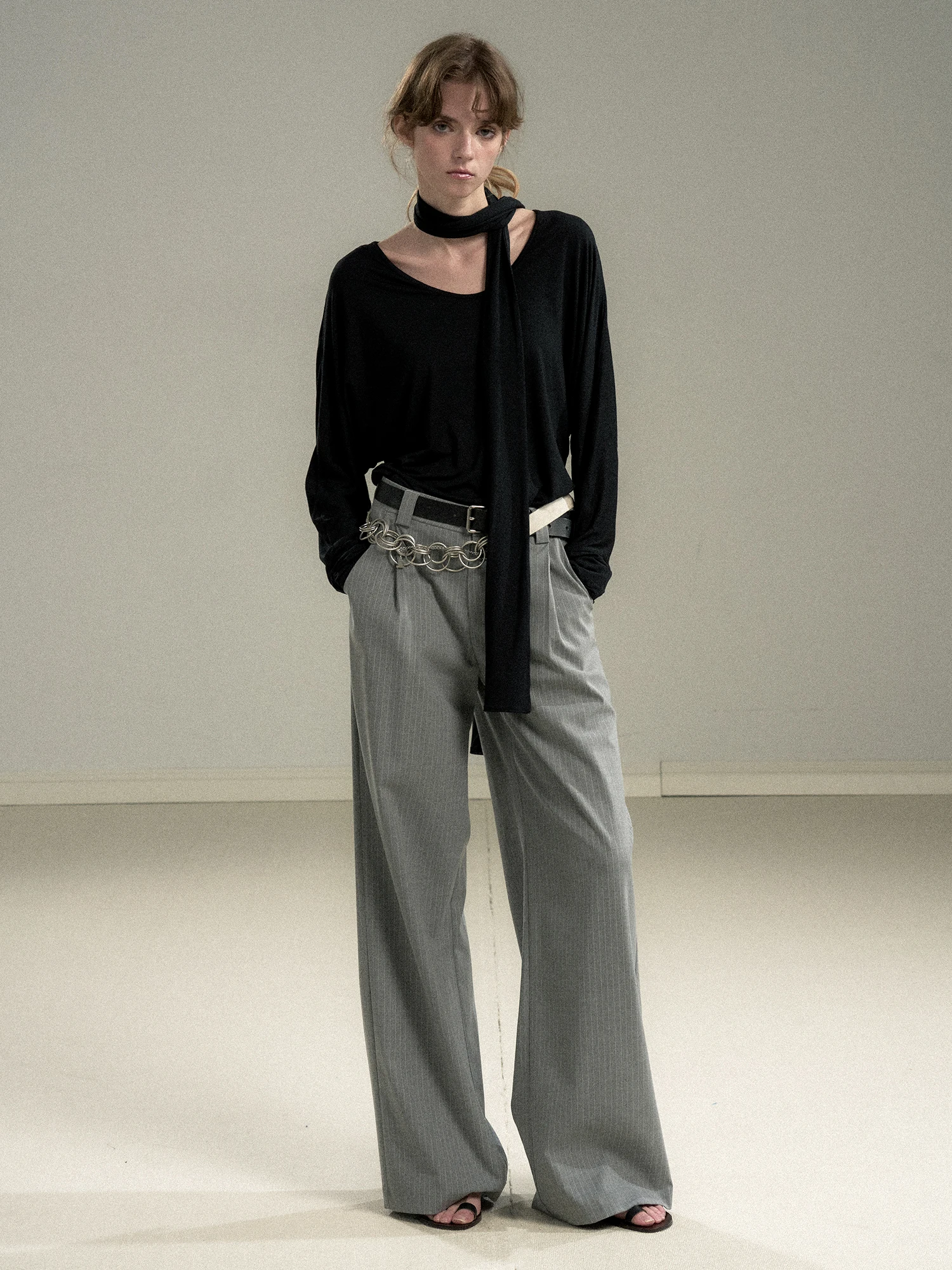 High Waist Loose Casual Pants Women's Suit Striped Floor-Length Wide Leg Trousers Commute Style Polyester Cotton Spandex
