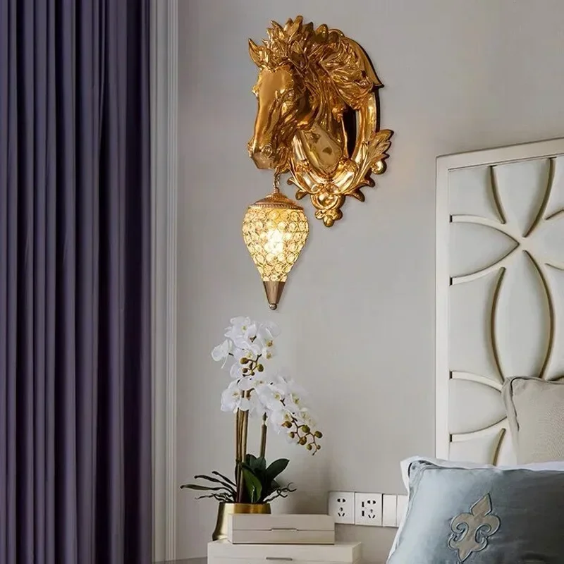 Electroplated Horse Head Wall Lamp - Light Gold Luxury LED Fixture for Living Room/Corridor/Aisle, European Creative Animal Desi