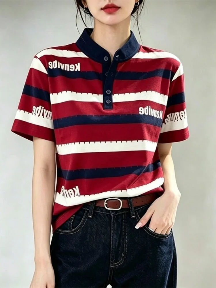 Color Block Letter Print Stand Collar Short Sleeve T-Shirt Women's Casual Slim Fit Summer Top Korean Style Straight Body