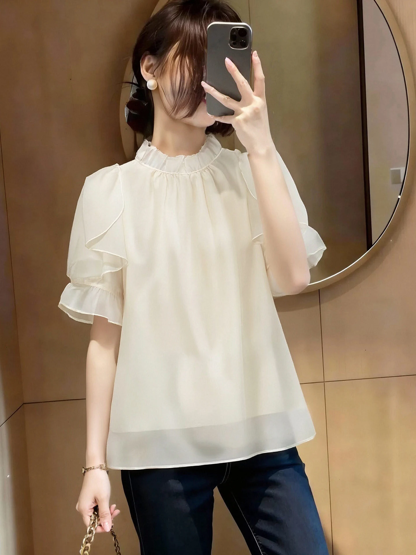 

Fashionable Ruffle Sleeve Short Sleeve Casual Shirt Women's Loose Style Summer 2026 Korean Version Commute Style Top