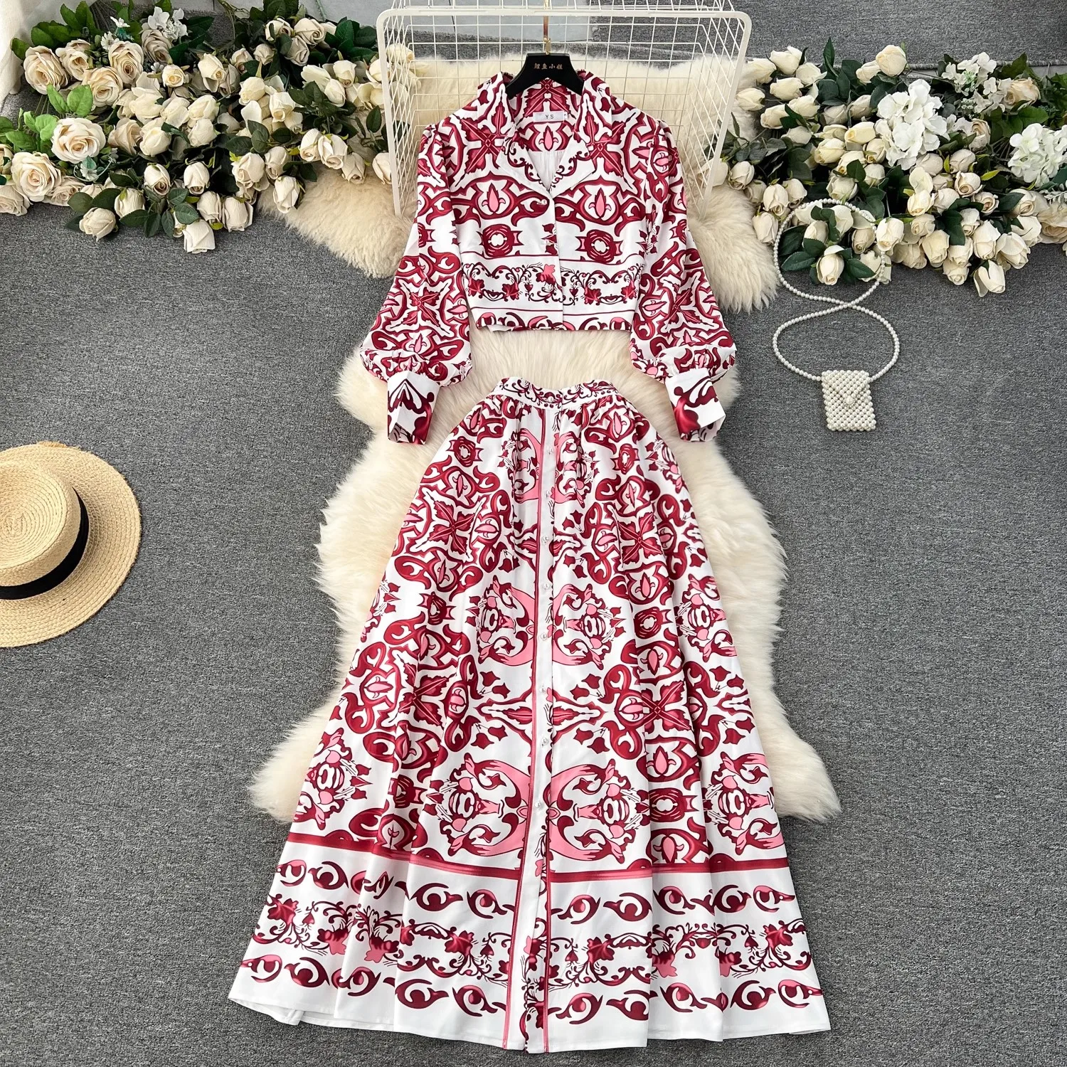 

Runway Red Blue And White Porcelain Holiday 2 Piece Set Women Notched Collar Pearl Buttons Short Shirts + Long Maxi Skirt Suits