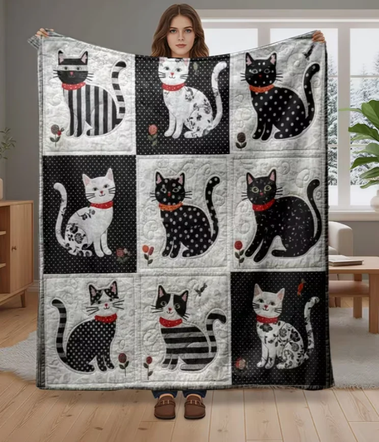 Black White Polka Dot Striped Cute Cat Flannel Blanket Super Soft Cozy Warm Throw for Bed Sofa Living Room Bedroom for Adults