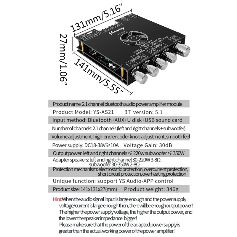 R91A DC18-38V YS-AS21 2.1 Channel 220WX2+350W TPA3255 Bluetooth-compatible Digital Power Amplifier Module High Subwoofer