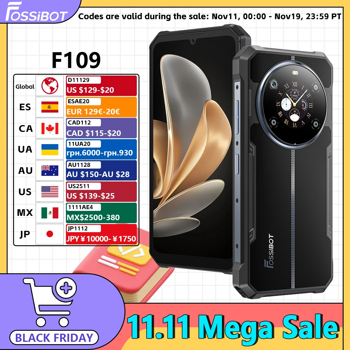 Fossibot F109 5G Rugged Phone 6.745" Android 14 8GB+256GB Mobile Phone 10600mAh 64MP NFC Smartphone