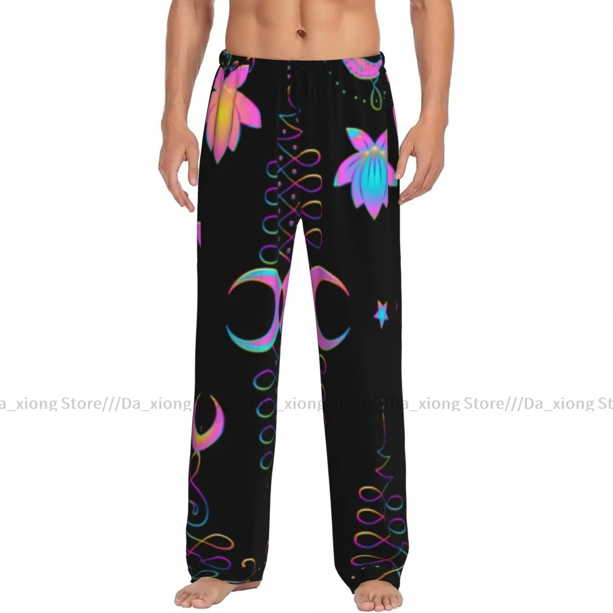 Mens Casual Pajama Long Pant Loose Elastic Waistband Lotus And Sacred Geometry Cozy Sleepwear Home Lounge Pants