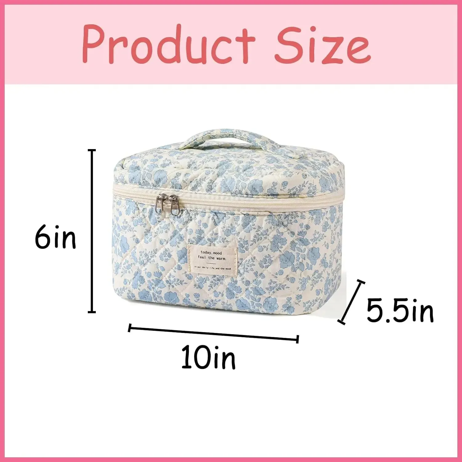 Large Travel Quilted Makeup Bag for Women Floral Cotton Cosmetic Bag Makeup Tool Kits Aesthetic Floral Toiletry Organizer Bag