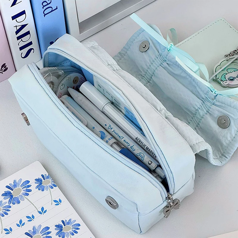 Ins Bow Drawstring Pencil Case Sweet Fresh Bowknot Stationery Storage Bag Fashion Large Capacity Cosmetic Bag For Girls Gift