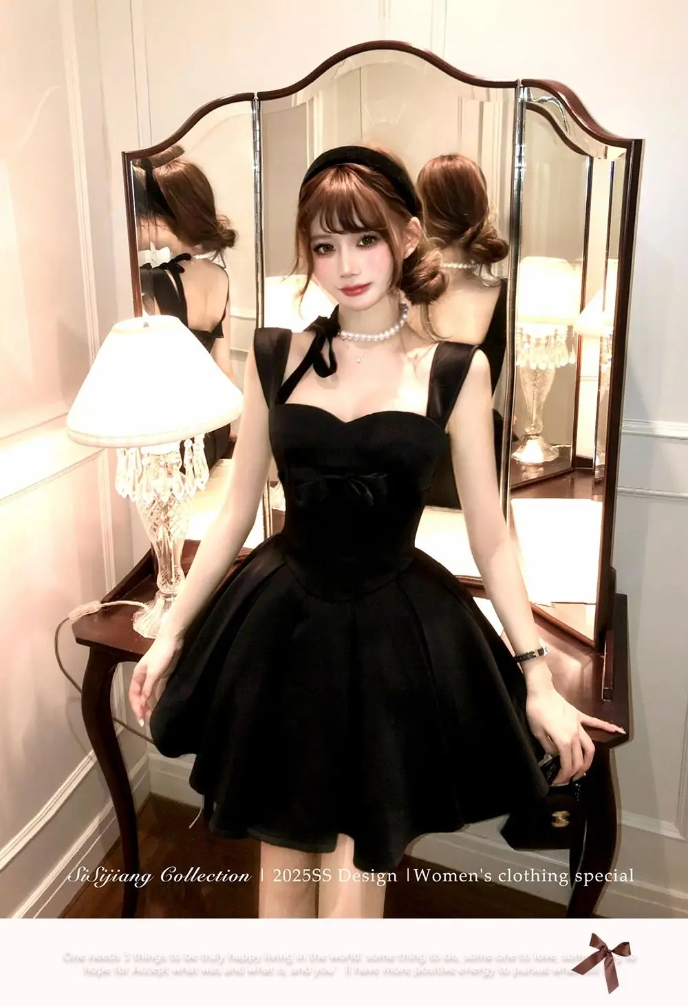 Abiti da festa di compleanno con bretelle eleganti francesi estivi Mini abito pieghettato senza maniche slim fit nero dolce a vita alta