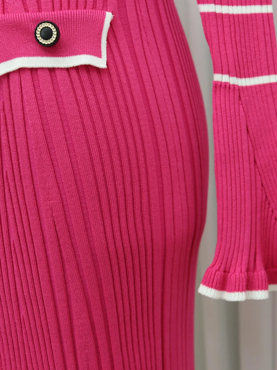 Autumn Winter Elegant Knitted Long Ruffles Dress For Women 2024 New High Waist Buttons Turn-down Collar Sweater Dresses Female