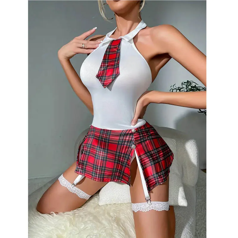 Cosplay Student Outfit Backless vestito a scacchi intimo Set Lingerie erotica Sexy da donna Club Nightwear